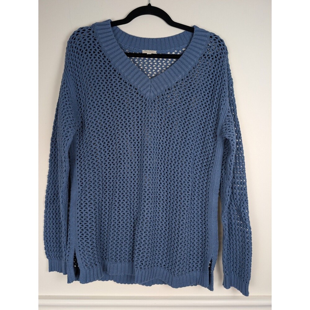 Talbots Womens Top Medium Blue Crochet Open Knit Cotton Sweater Nautical Coastal